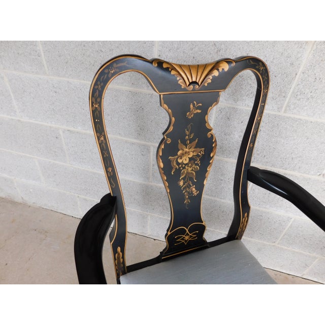 Chinoiserie Vintage Georgian Style Chinoiserie Decorated Black Lacquer Arm Chairs - A Pair For Sale - Image 3 of 18