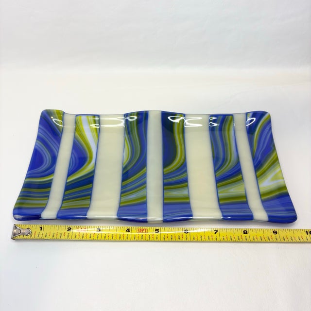 Vintage Fused Rectangular Wavy Striped Art Glass Plate Tray For Sale - Image 12 of 12