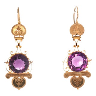 Late 19th Century Victorian 14kyg Hand Engraved Amethyst Drop Earrings, A Pair For Sale