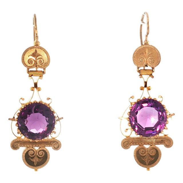 Late 19th Century Victorian 14kyg Hand Engraved Amethyst Drop Earrings, A Pair For Sale