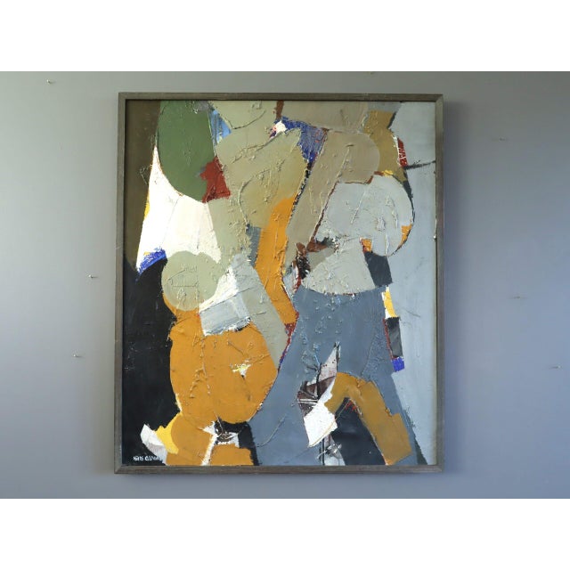 INTERSECTING RHYTHM Oil on canvas Size: 28.5 x 24.4 inches (including frame) A dynamic mid-century abstract painting...