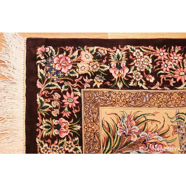 Persian Persian Silk Scatter Floral Vase Luxury Qum Rug For Sale - Image 3 of 9