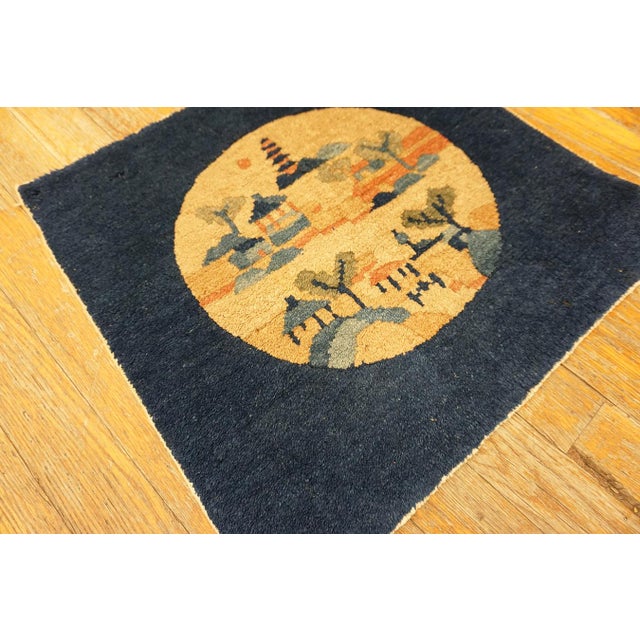 Chinese Marked Navy Blue Color With Lovely Figural Design Antique Chinese Peking Rug For Sale - Image 3 of 5