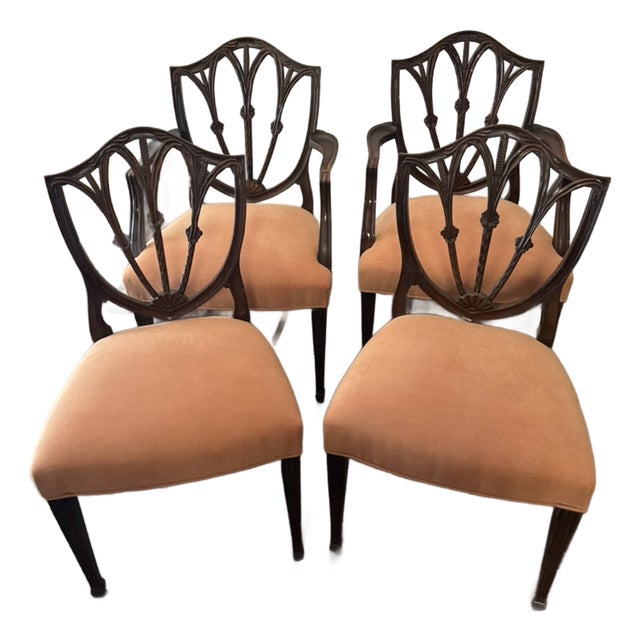 Set of 4 Mahogany Carved Shield Back Dining Chairs For Sale