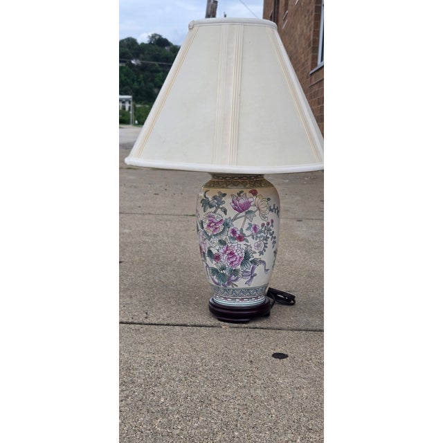 Vintage Chinese Porcelain Floral Table Lamp With Hardwood Base & Pleated Shade For Sale - Image 9 of 12