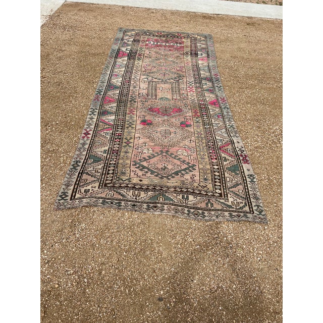 Tribal 1920s Karabagh Armenian Handwoven Runner Rug, Tribal Geometric Design With Soft Pastel & Pink Accents For Sale - Image 3 of 9