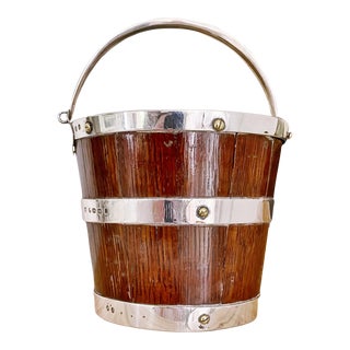 1874 English Sterling & Oak Ice Bucket For Sale