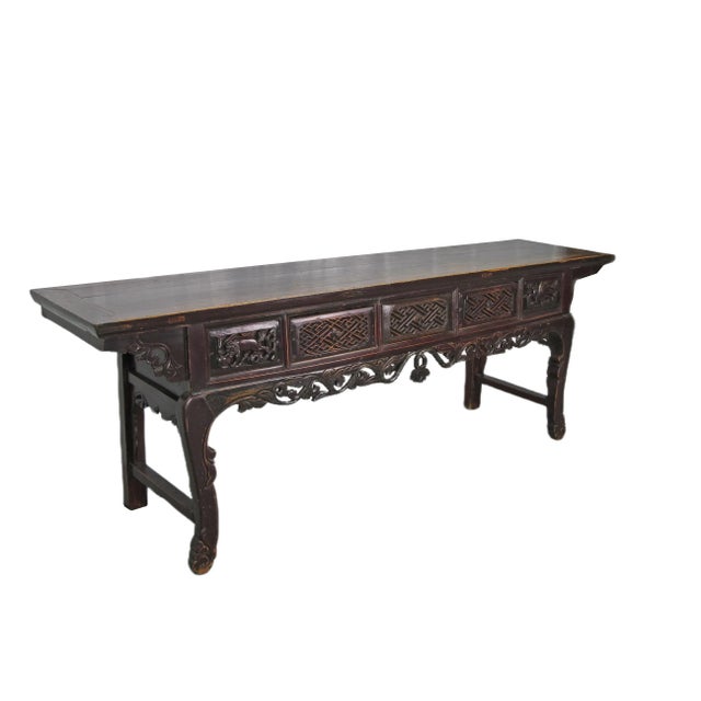 96” Inch Long Antique Brown Chinese Altar Console Table – 3 Drawers For Sale - Image 4 of 13