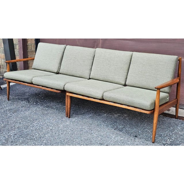 Mid-Century Modern Two-Piece Mid-Century Teak Sofa With New Sage Green Upholstery For Sale - Image 3 of 11