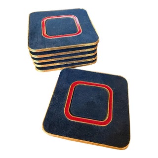 1970s Gold Suede and Enamel Coaster Set of Six For Sale