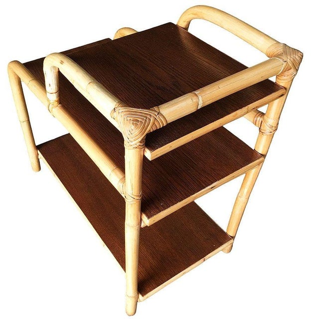 1950s Restored Mid-Century Rattan Side Lamp Table With Three-Tier Mahogany Tops For Sale - Image 5 of 7