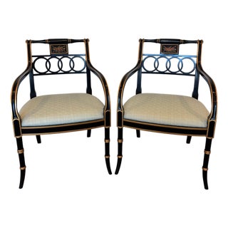 1980s Pair Regency Style Hickory Chair Co. Black & Gold Armchairs For Sale