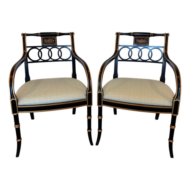 1980s Pair Regency Style Hickory Chair Co. Black & Gold Armchairs For Sale