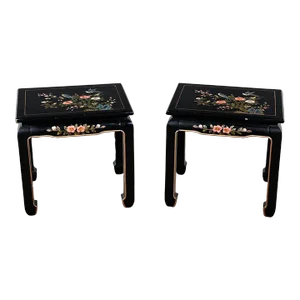 Late 20th to Early 21st Century Distressed Chinoiserie Pair Black Lacquered End or Side Tables Ming Style Feet