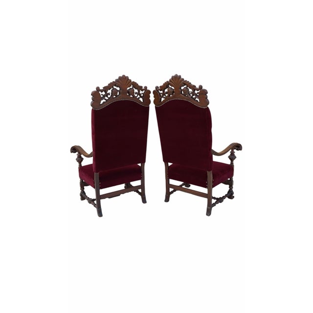 Antique French Regency Style Ornate Caved Walnut Throne Chairs Newly Reupholstered in a Burgundy Mohair - Pair For Sale - Image 4 of 7