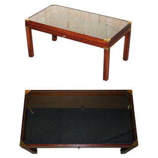 Military Campaign Style Coffee Table with Exhibition Glass Display Case For Sale