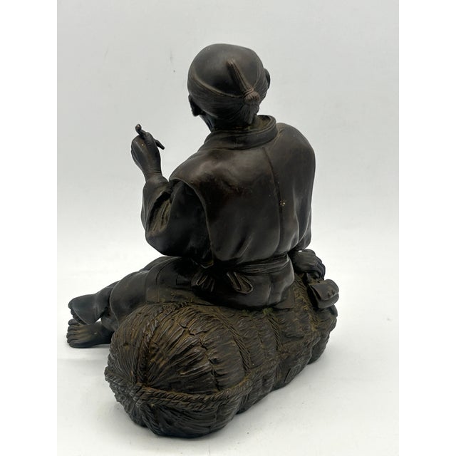 Japanese Meiji Bronze Okimono Seated Pipe Smoker, Signed Toko, C. 1890 For Sale - Image 4 of 17