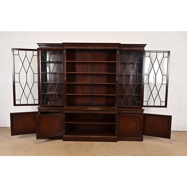 Mid 20th Century Baker Furniture Georgian Monumental Carved Flame Mahogany Breakfront Bookcase Cabinet, Circa 1960s For Sale - Image 5 of 14