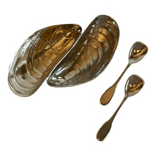 Vintage Silver Mussel Salt and Pepper Holder With Spoons - 3 PCS For Sale