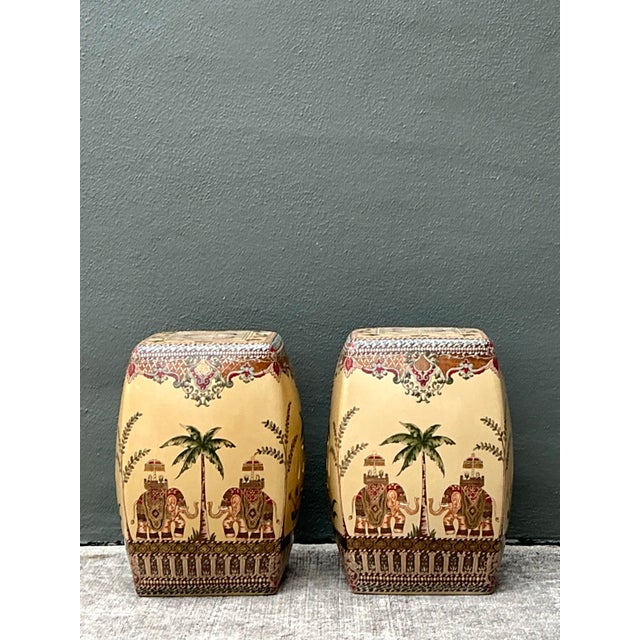 Ceramic Vintage Glazed Ceramic Elephant Low Stools - A Pair For Sale - Image 7 of 12