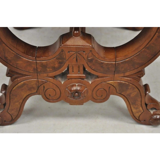 Late 19th Century Antique Eastlake Victorian Burl Walnut Carved Curule Footstool Ottoman Stool For Sale - Image 5 of 11