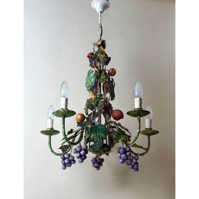 Gold Italian Hand-Painted Fruit and Vine Chandelier with Pomegranates, 1970s For Sale - Image 8 of 16