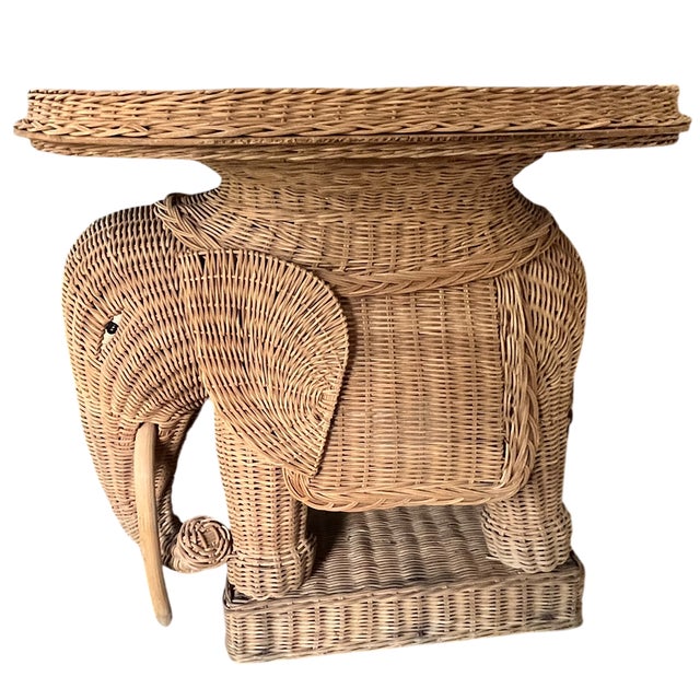 Bunny Williams Home Vintage Woven Wicker Elephant Tray Side Drinks Table With Wood Tusks, Tropical Regency Style For Sale - Image 4 of 13