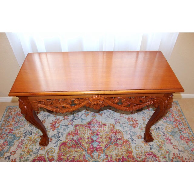 1950s 1950s Vintage Mahogany Console Table - Hand-Carved Chippendale Style With Claw Feet & Ornate Details For Sale - Image 5 of 15