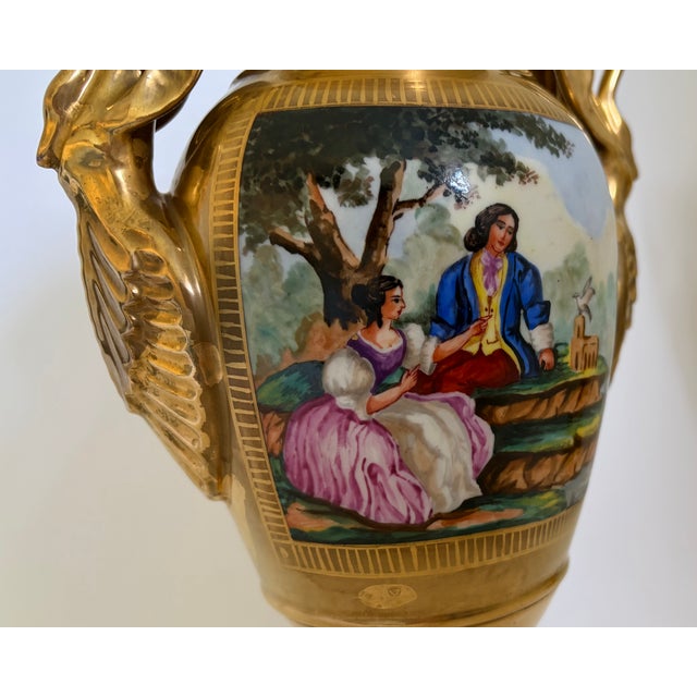 French 19th Century French Old Paris Gilt Porcelain Swan-Handle Urn Vases – Pair For Sale - Image 3 of 16