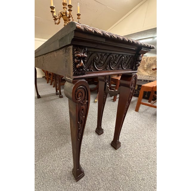 Traditional Regency Style Hand-Carved Mahogany & Walnut Console Table With Grotesque Mask Apron, Circa 1980 For Sale - Image 3 of 8