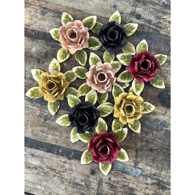 Vintage Hand Painted Tole Roses Candle Holders - Set of 8 For Sale In West Palm - Image 6 of 12