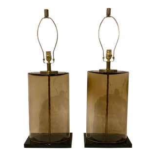 Currey & Co. Modern Amber Glass Elliptical Table Lamps Pair Prototypes For Sale