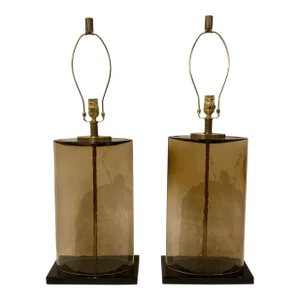 Currey & Co. Modern Amber Glass Elliptical Table Lamps Pair Prototypes