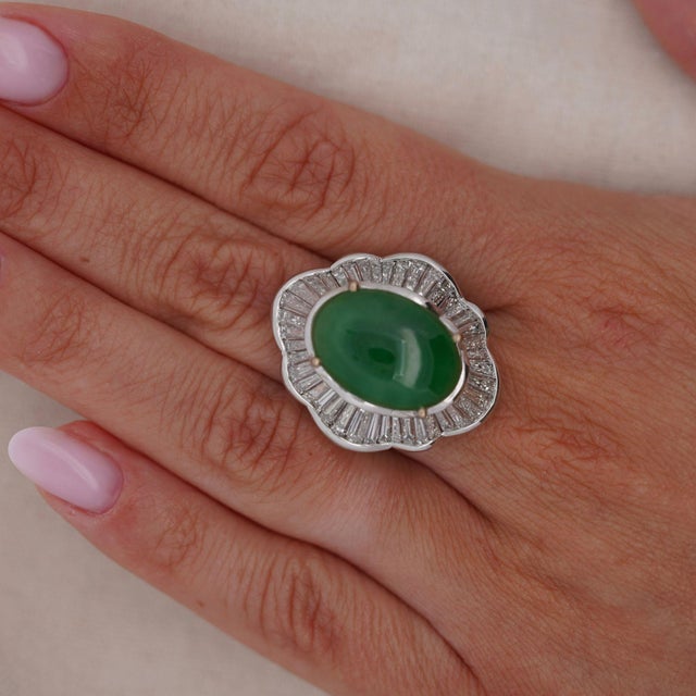 Metal Gia Cert. 8 Carat Burma Jadeite Jade & Diamond 18k White Gold Ballerina Ring, Size 6.25 For Sale - Image 7 of 9