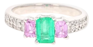 1.54 Carat Emerald Pink Sapphire Diamond White Gold Three-Stone Ring, Size 7
