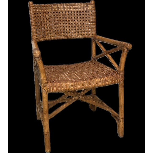 Contemporary Vintage McGuire Leather Strapped, Rattan Campaign Chairs, 6 Available. For Sale - Image 3 of 9
