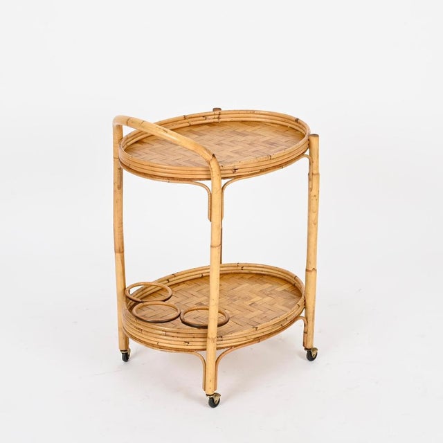Mid-Century Italian Oval Serving Bar Cart Trolley in Bamboo and Rattan, 1960s For Sale - Image 9 of 13