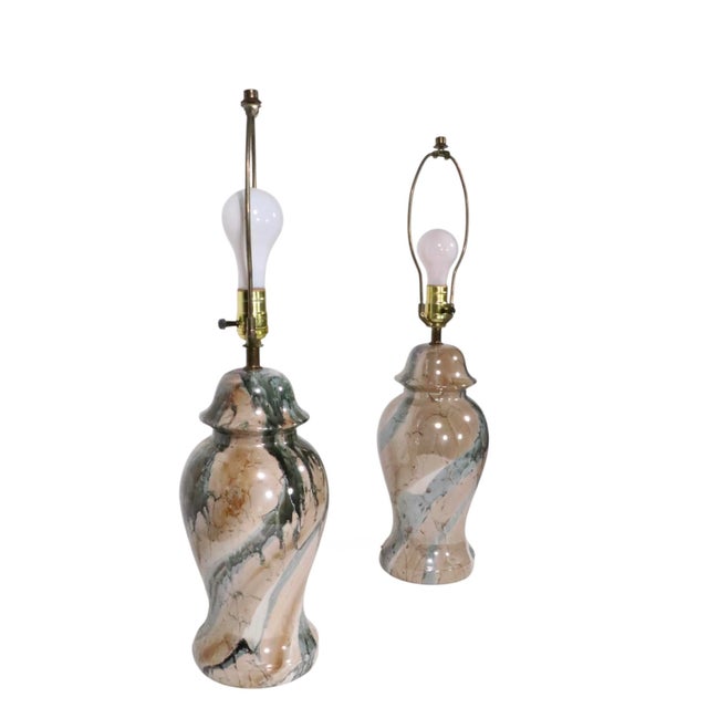 Mid 20th Century Hollywood Regency Faux Marble Ginger Jar Form Table Lamps - a Pair For Sale - Image 9 of 12