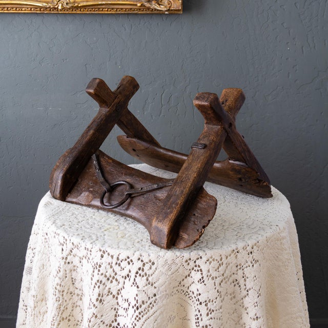 Primitive Wooden Pack Saddle With Leather Straps and Iron Rings For Sale - Image 14 of 16