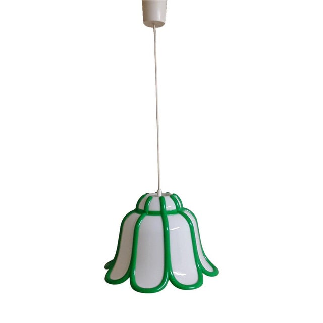 Vintage Ceiling Lamp in Flower Shape in White Plastic with Placed Green Blessing Lines, 1970s For Sale - Image 10 of 10