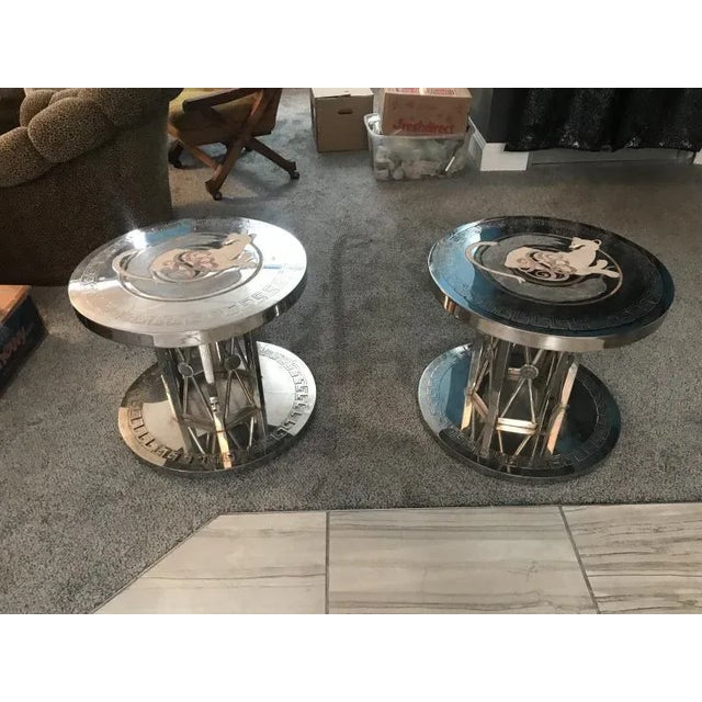 Late 20th Century Nickeled Bronze Greek Key Design Inlaid Stone Modern Tables - a Pair For Sale - Image 5 of 13