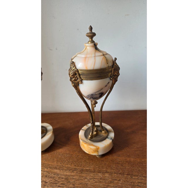 Pair Antique French Marble & Bronze Urns Neoclassical Cassolettes Empire Garniture Mantel Decor Lidded Decorative Urns For Sale - Image 9 of 14