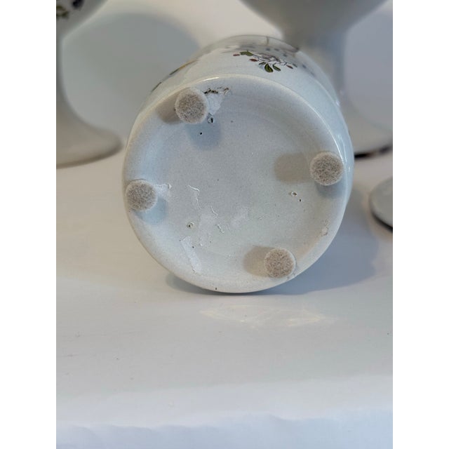 White 19th Century French Faience Apothecary Jars – Set of 7 – Hand Painted Pharmacy Canisters With Brass Lids For Sale - Image 8 of 9