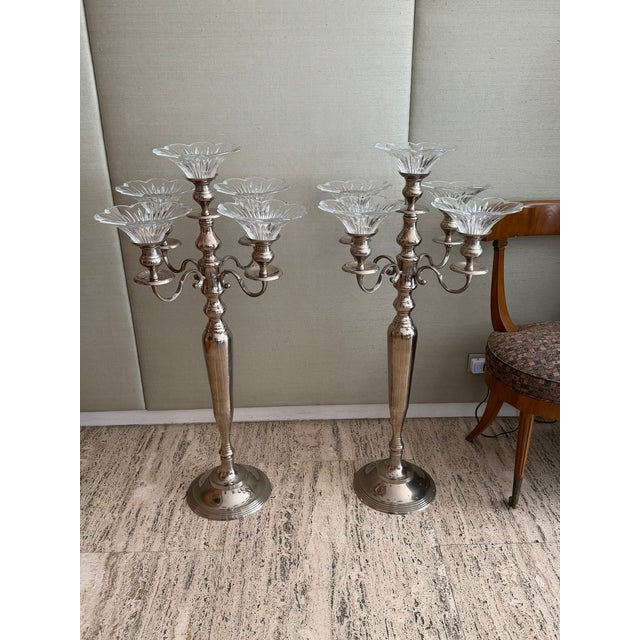 Vintage 1970s Silver Plate Candelabra With Removable Crystal Cups — 40” High For Sale - Image 10 of 13