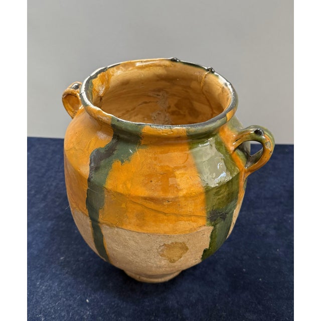 19th Century French Provincial Terracotta "Confit" Pot With an Unusual Combination of Yellow and Green Dripped Glazes For Sale - Image 4 of 6