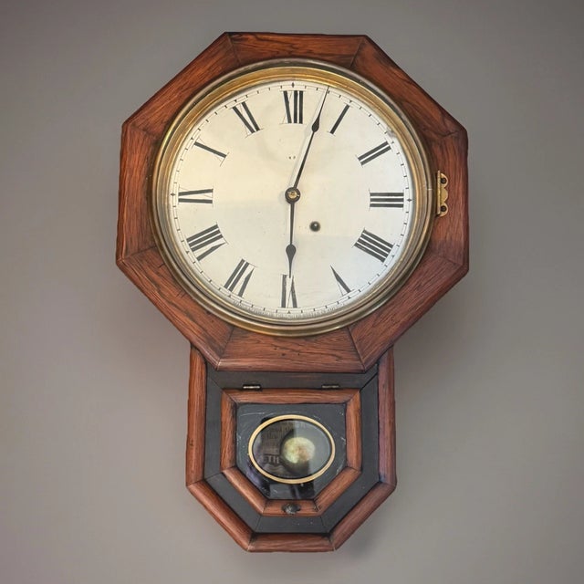 Wood Antique Seth Thomas Schoolhouse Style Wall Clock For Sale - Image 7 of 9