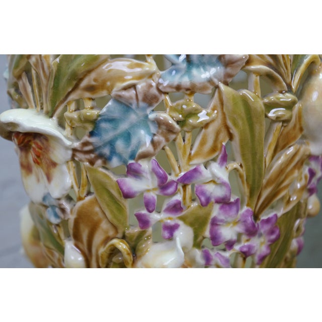 Antique Art Nouveau Hungarian Zsolnay Tádé Sikorski Openwork Floral Mallow Vases For Sale - Image 13 of 18