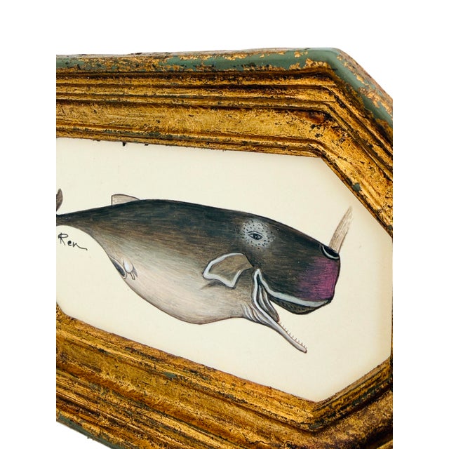 Nautical Original Hand-Painted Whale Painting in a Vintage Frame For Sale - Image 3 of 3