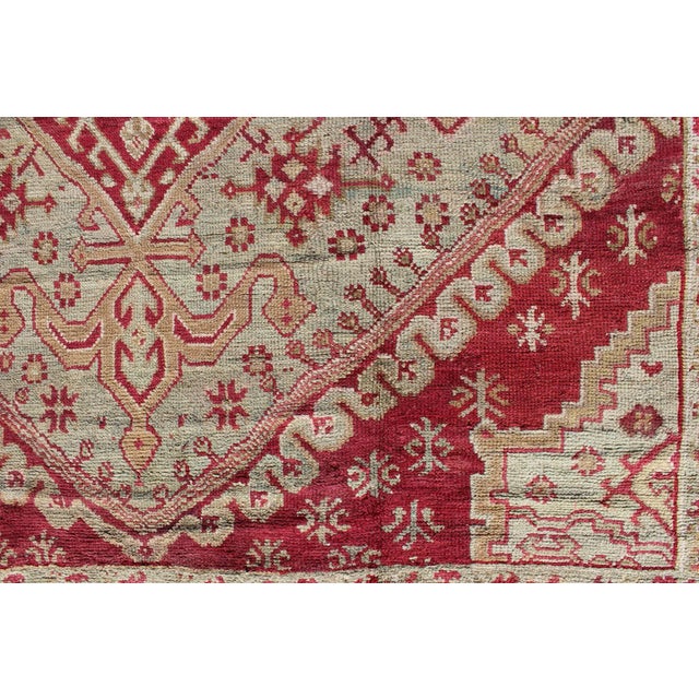 Raspberry Red Antique Turkish Ghiordes Geometric Rug in Raspberry Red and Ice Blue and Green For Sale - Image 8 of 10