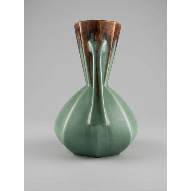 Art Deco Green and Brown Pour Glazed Vase from Faïencerie De Bruyn, France, 1940s For Sale - Image 6 of 8